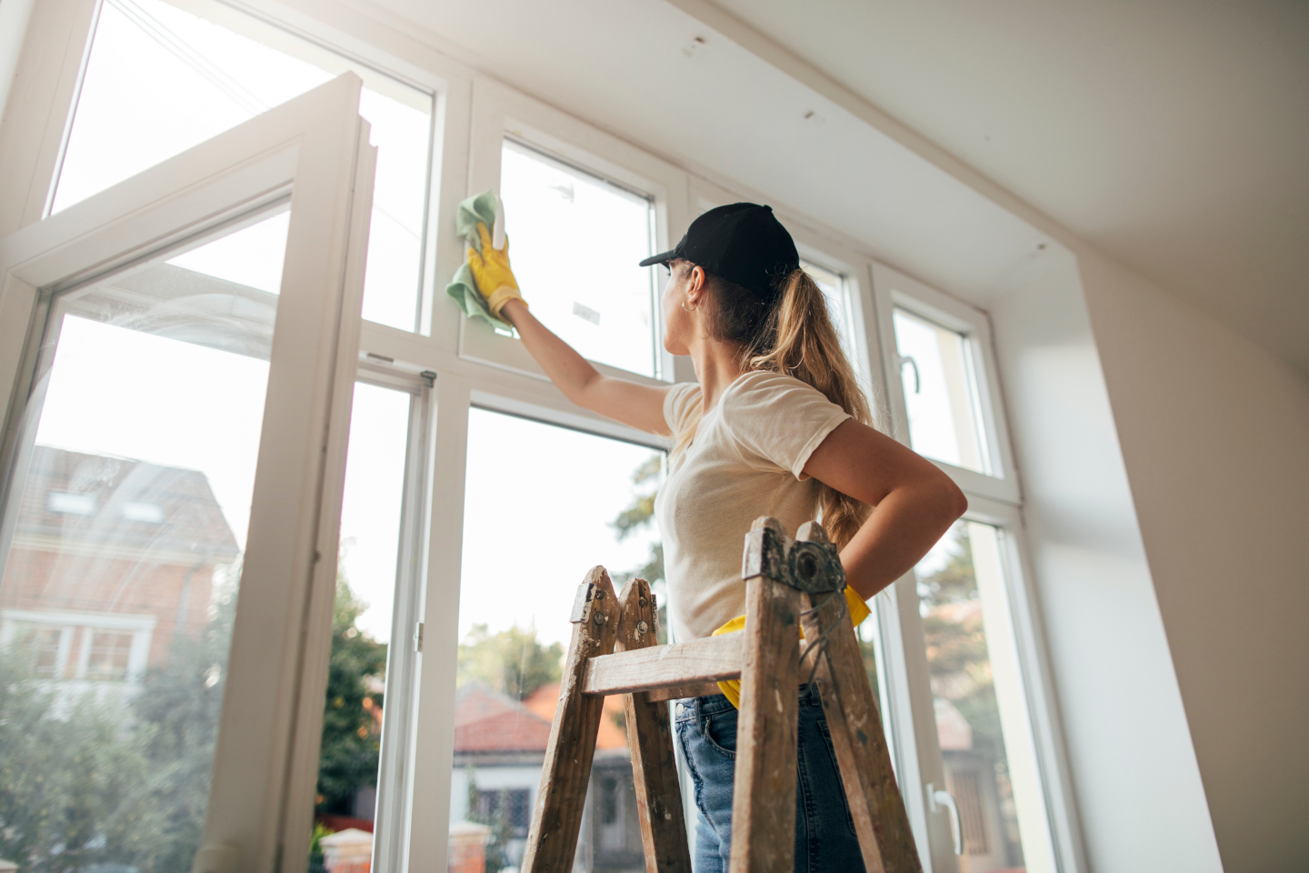 Woman in yellow gloves cleaning window