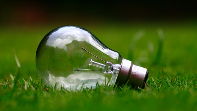An incandescent light bulb takes  a nap on short green grass.
